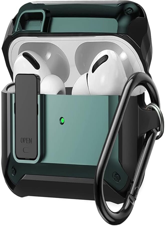 Olytop for Airpods Pro 2 Case Cover with Lock Lid, Armor Rugged Case for Apple Airpod Pro 2nd/1st Generation Case Shockproof Protective Skin Shell 2023/2022 with Carabiner for Women Men Black/Green